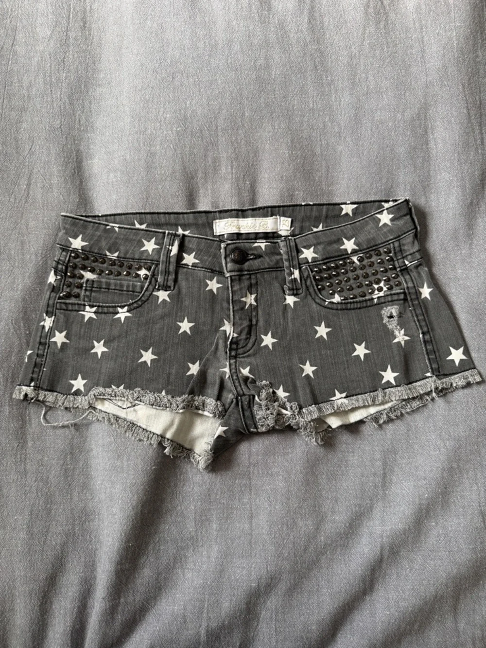 Frankie B. Star-Print Distressed Denim Shorts - Gray & White - Picture 1 of 7